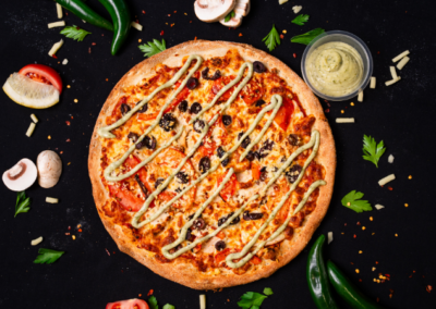 Greek village pizza with feta and fresh Mediterranean toppings from Pitsa Gourmet Pizza Bar Sydney