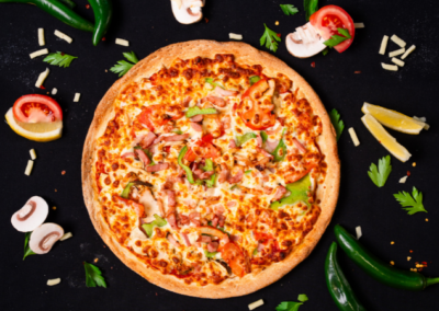 Deluxe pizza with premium meats and fresh vegetables from Pitsa Gourmet Pizza Bar Sydney