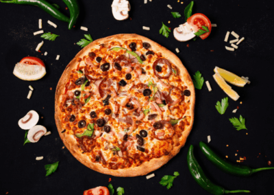 Supreme pizza loaded with premium meats and fresh vegetables from Pitsa Gourmet Pizza Bar Sydney